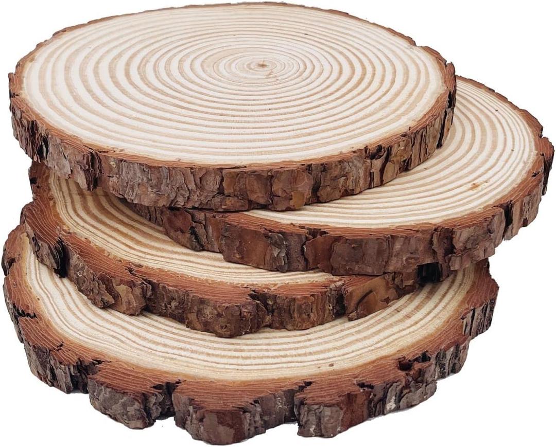 Natural Round Discs Rustic Wood Slices 4 PCS 8.2-9 inch Unfinished Wood kit Circles Crafts Tree Slices with Bark Log Discs for DIY Arts and Wedding Party Potluck Banquet Ornaments Decorations