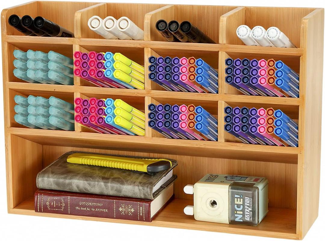 Dicunoy Desktop Pen Holder Organizer, Bamboo Art Supply Storage Caddy Holds 300 Pencils, 13 Compartments Thick Pencil Holder Box for Color Pencils, School, Classroom, Office