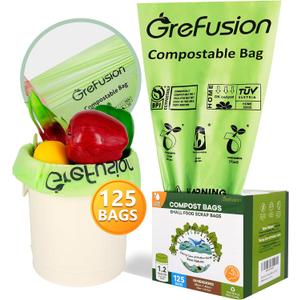 (Include 100+25 Bonus Bags) GreFusion Compostable Bags 1.2-1.6 Gallon,Fits 0.75,1,1.2,1.3,1.8 Gallon Countertop Bin,Certified by BPI,ASTM D6400 and OK Compost,125Count (100 + 25 Extra)