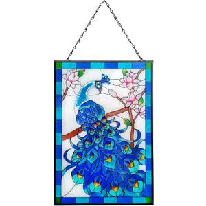 Peacock Stained Glass Window Hangings, Hand-Painted Glass Suncatcher Panel With Metal Chain,Home Decor for Wall or Windows10 * 15 Inch
