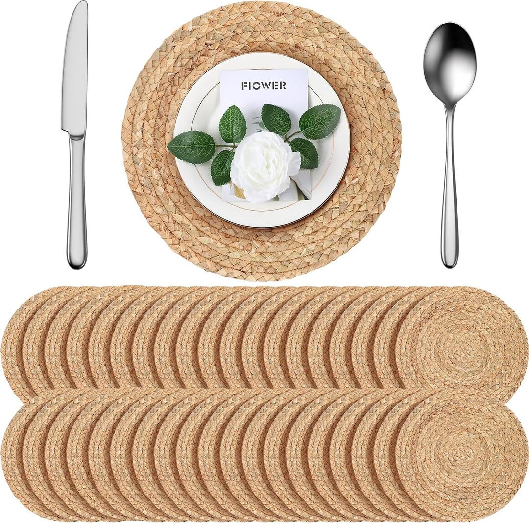 FoldTier 40 Pcs Round Placemats Bulk Plate Chargers Set 11.8 Inch Woven Placemat Rustic Braided Straw Rattan Charger Natural Water Hyacinth Place Mat for Wedding Party Table Single Tableware Use