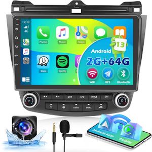 [2+64G] Android 13 Car Stereo for Honda Accord 2003 2004 2005 2006 2007, Hikity 10.1'' Touch Screen Car Radio Wireless CarPlay Android Auto GPS Navigation Mirror Link WiFi Backup Cam Bluetooth FM/RDS