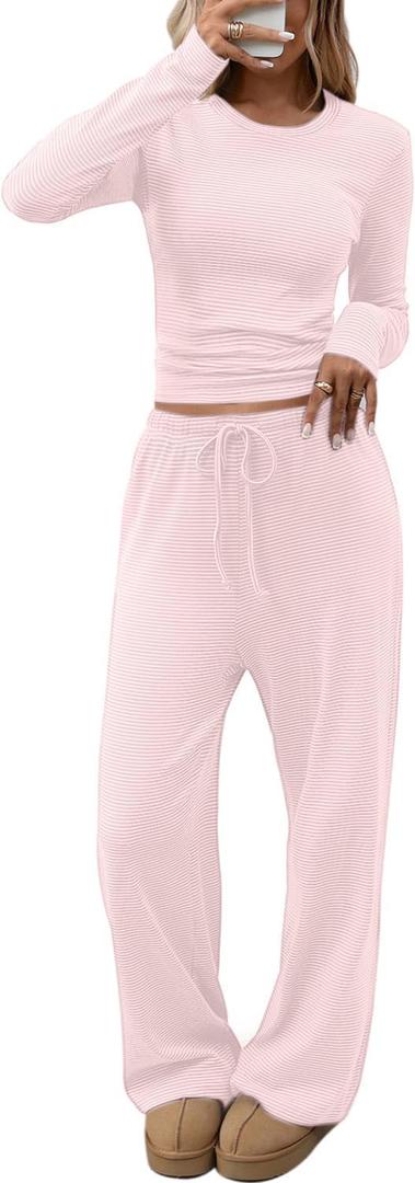 CHYRII Womens Two Piece Sets Fall Fashion Striped Long Sleeve Tops Wide Leg Palazzo Pants Outfits Loung Sets (Pink, S)