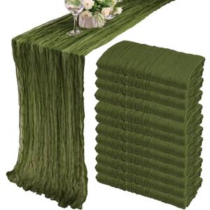 12 Pack 10Ft Cheesecloth Boho Gauze Table Runner - 35x120 Inch, Rustic Cheese Cloth, Long Runner for Wedding, Bridal Shower, Birthday Party Decor (Grass Green)