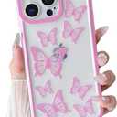 Yeddabox Compatible for iPhone 13 Pro Case Butterfly Cute Phone Case Transparent Full Camera Protection Soft TPU Shockproof Cover for Women Girls - Pink