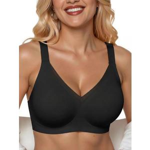 PoseFree Womens Wireless Bras Supportive Tshirt Bra No Underwire Seamless Push Up V Mesh Comfortable Bralette Everyday Bras (Medium, Black)