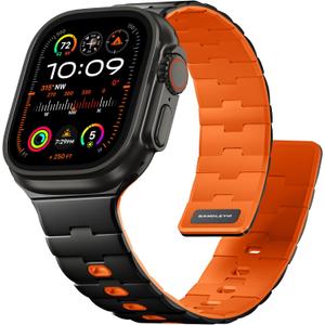 Bandletic Magnetic Silicone Watchband Compatible with Apple Watch Band 44mm 45mm 46mm 49mm 42mm 41mm 40mm 38mm Men Women, Strong Magnet Sport Strap for iWatch Series 11 10 9 8 7 6 5 4 Ultra SE 3 2 1 (Black/Orange)