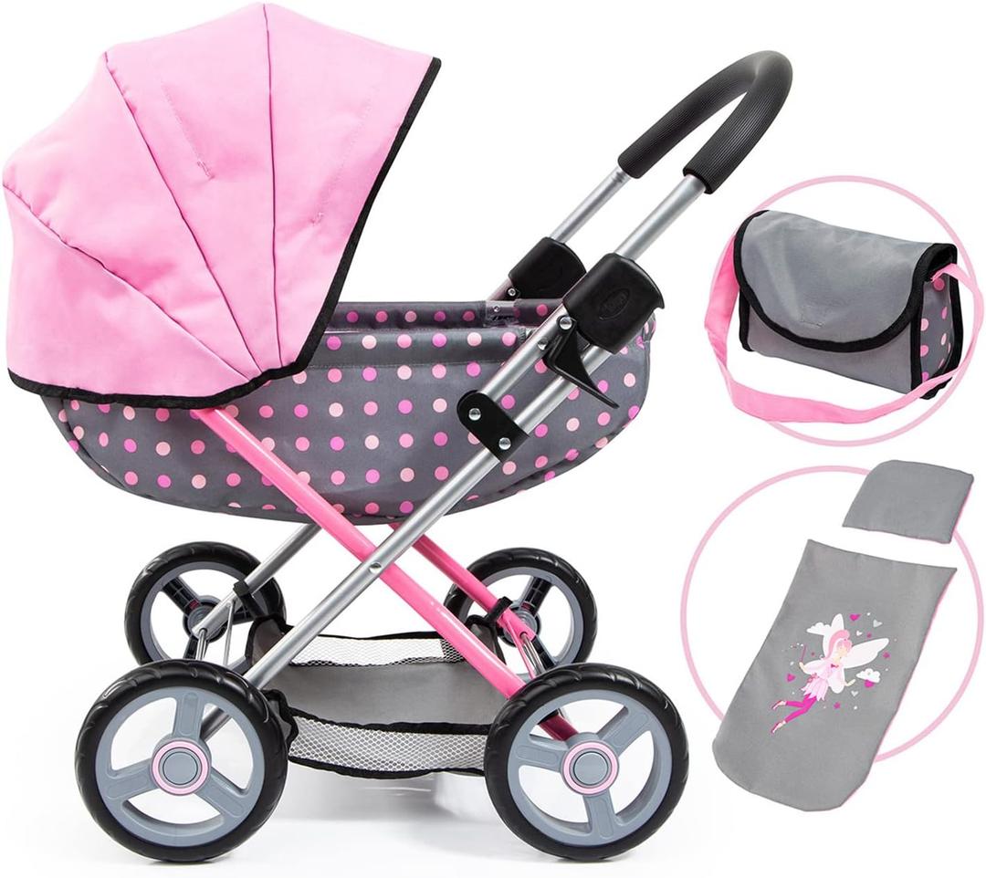Bayer Doll Pram Carriage, Foldable Stroller for Dolls up to 18 in with Blanket, Pillow & Handbag