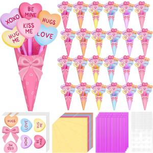 Demonwer 24 Set Mother's Day Flower Bouquet Craft Kit DIY Flower Greeting Card Handmade Bouquet Cards Craft Gifts for Valentine School Classroom Exchange Gift Party Supplies (Heart)