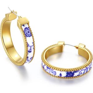 Chunky Blue and White Porcelain Hoop Earrings for Women – Hand-Painted Statement Earrings with 18K Gold, Artistic Vintage Jewelry, Luxury Gift (Cerulean)