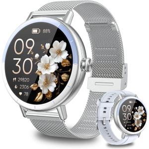 KEEPONFIT Smart Watches for Women Android/iPhone, IP68 Waterproof Fitness Tracker with Bluetooth Calls(Answer&Make), Activity Pedometer/Heart Rate/SpO2 Monitor/100+ Sports Model (Silver Blue)