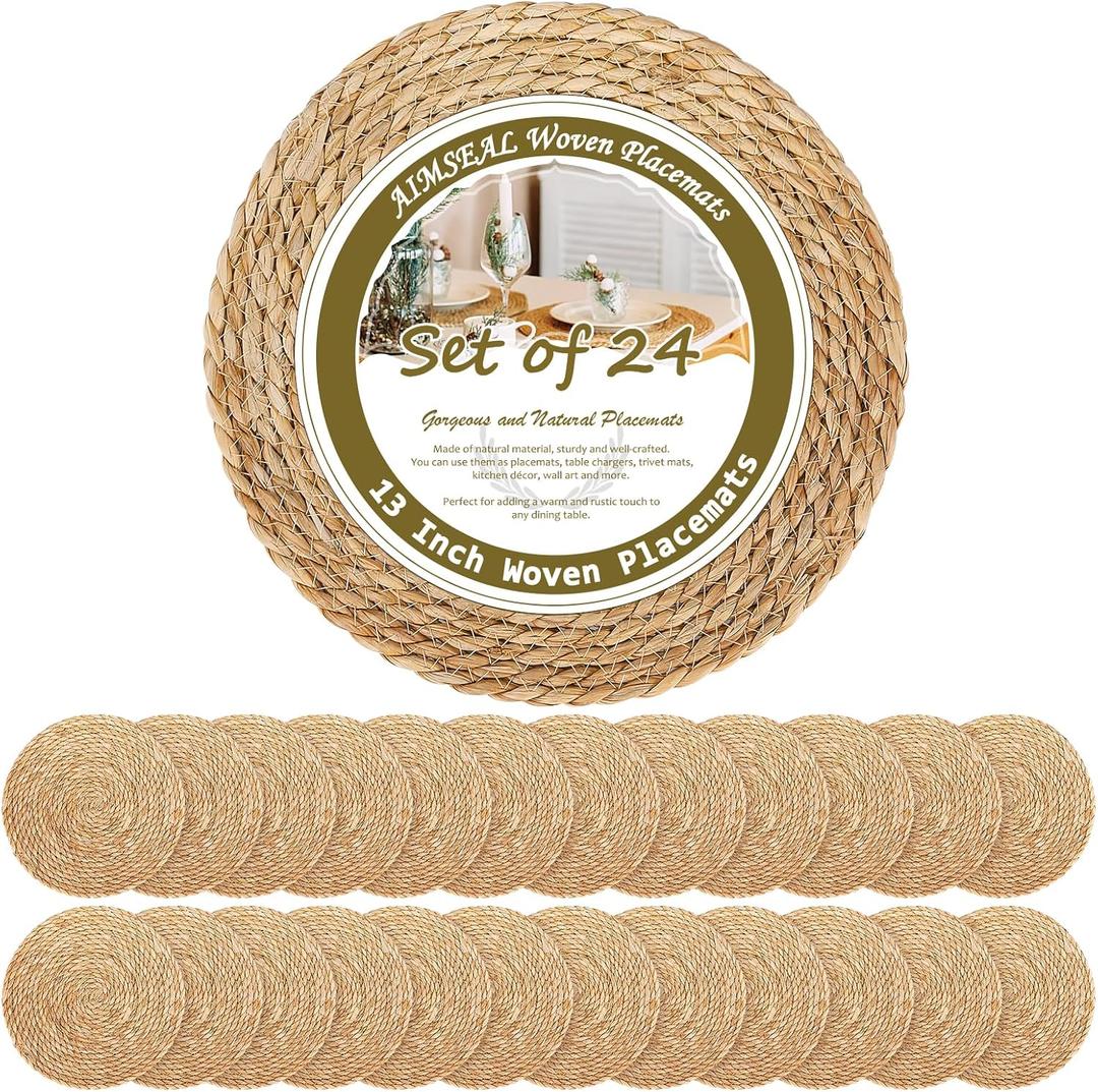 13 Inch Placemats Set of 24, Boho Round Woven Place Mats for Dining Table Decor, Rustic Jute Chargers for Dinner Plates, Outdoor Patio, Farmhouse Wedding, Water Hyacinth Wicker Rattan Braided Placemat