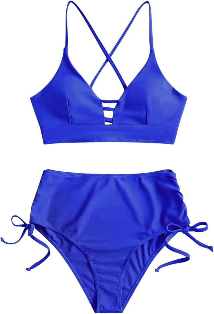 ZAFUL Women High Waisted Bikini Set Two Piece Tummy Control Wrap Swimsuit Lace Up Bathing Suit (Small, Cinched-royal Blue)