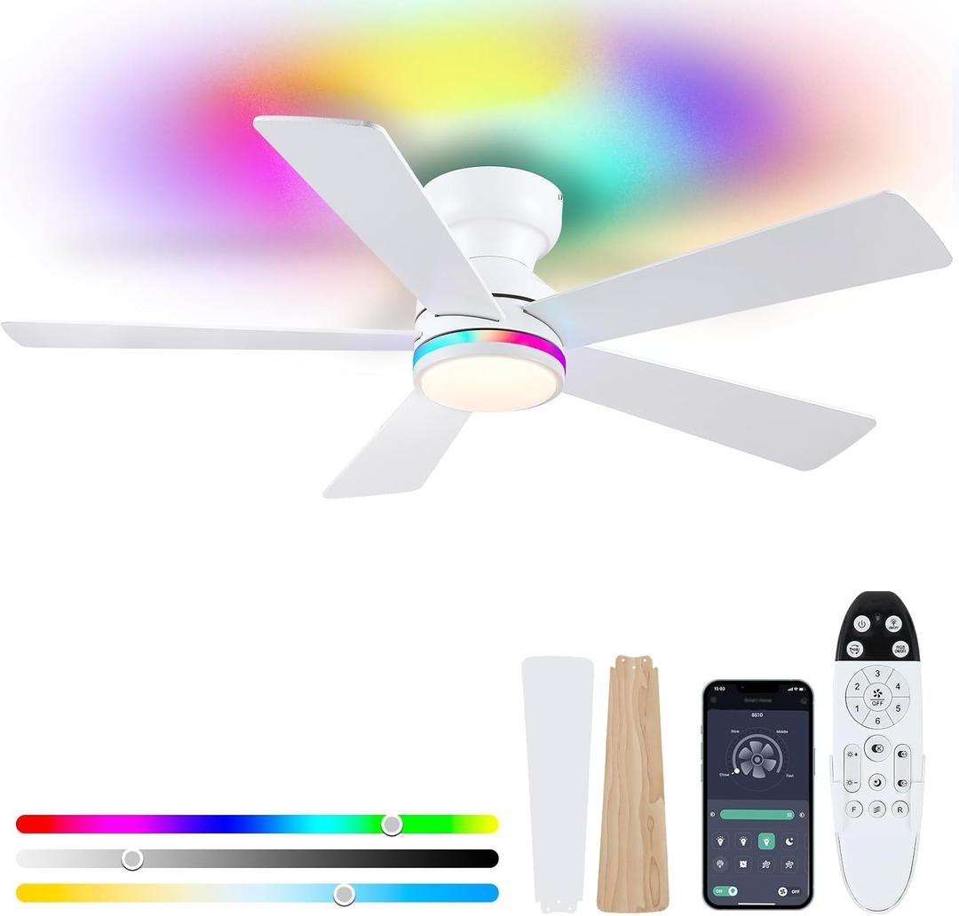White RGB Ceiling Fans with Lights - 46" Flush Mount Ceiling Fan with Remote APP, RGB+3CCT Dimmable Led Light, Reversible 6 Wind Speeds&2H Timer, Low Profile Modern Fan Light Fixture for Bedroom Party