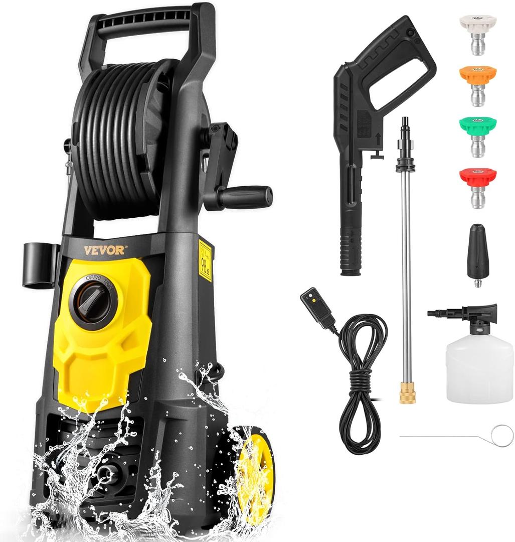 VEVOR Electric Pressure Washer, 2000 PSI, Max 1.65 GPM Power Washer w/ 30 ft Hose & Reel, 5 Quick Connect Nozzles, Foam Cannon, Portable to Clean Patios, Cars, Fences, Driveways, ETL Listed
