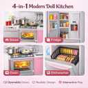 Doll Kitchen Playset for Kids, My Modern Mini Kitchen House Furniture Pretend Play Toy Accessories Set with Realistic Lights & Sounds for Toddlers, Girls (4-in-1)