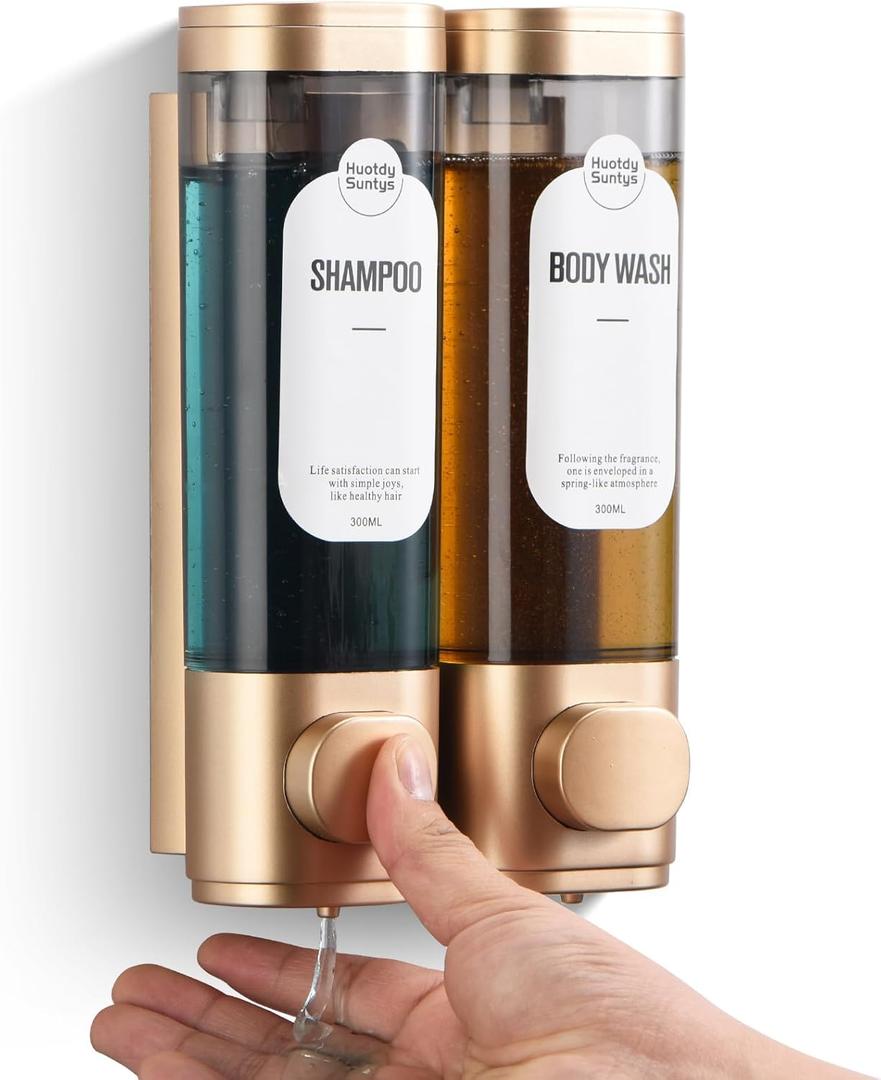 Shampoo and Conditioner Dispenser, Refillabe Shower Soap Dispensers 2 Chamber No Drill Shampoo Dispenser for Shower Wall Mounted 2 * 300ml Container for Bathroom Hotel (Gold 2 Chamber)