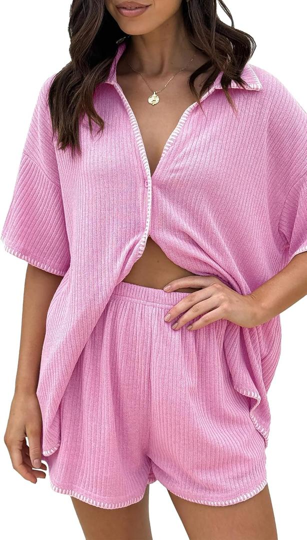 Womens Casual Knitted Two Piece Sets Lounge Sets Short Sleeve Solid Color Oversized Tees And Shorts Outfits (Pink)