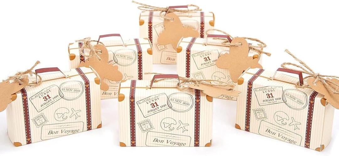 VGOODALL 120PCS Mini Suitcase Party Favor Box,Suitcase Favor Boxes, Vintage Kraft Paper with Tags for Wedding/Travel Themed Party/Bridal Shower Decoration
