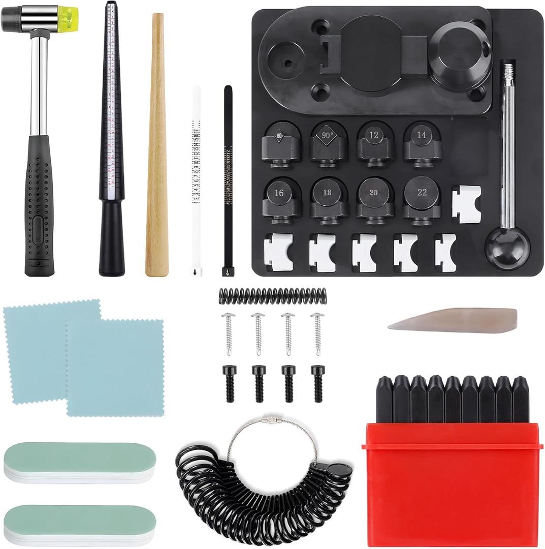 SHANGNIULU Ring Bender Ring Bending Tool for Spoon Rings Jewelry Making Kit with Metal Alphabet A-Z Stamps Ring Sizer and Mandrel Jewelry Polishing Cloth Stick and Agate Jewelry Hammer