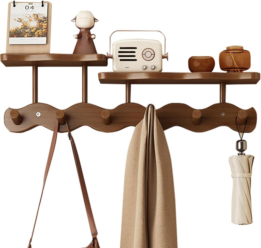 Wall-Mounted Coat Rack with Shelf, Wooden Coat Hanger with 6 Sturdy Hooks, Drill-Mounted Design for Hanging Clothes, Hats, Towels, Bags, and Robes (Brown)