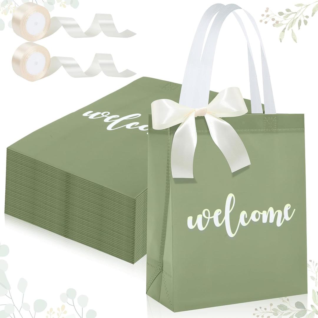 party greeting 50 Pack Sage Green Welcome Bags for Wedding Guests Gift Bags Welcome Wedding bag Non-Woven Bags Bulk with Handle and Ribbon Bow for Party Birthday Baby Shower 