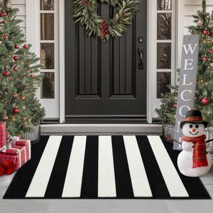 FONEYI Black and White Striped Rug, 24"x36" Front Door Mat Indoor Outdoor Rugs Washable, Non Slip Absorbent Striped Layered Doormats, Fall Door Mats for Front Porch/Kitchen/Farmhouse/Entryway/Patio