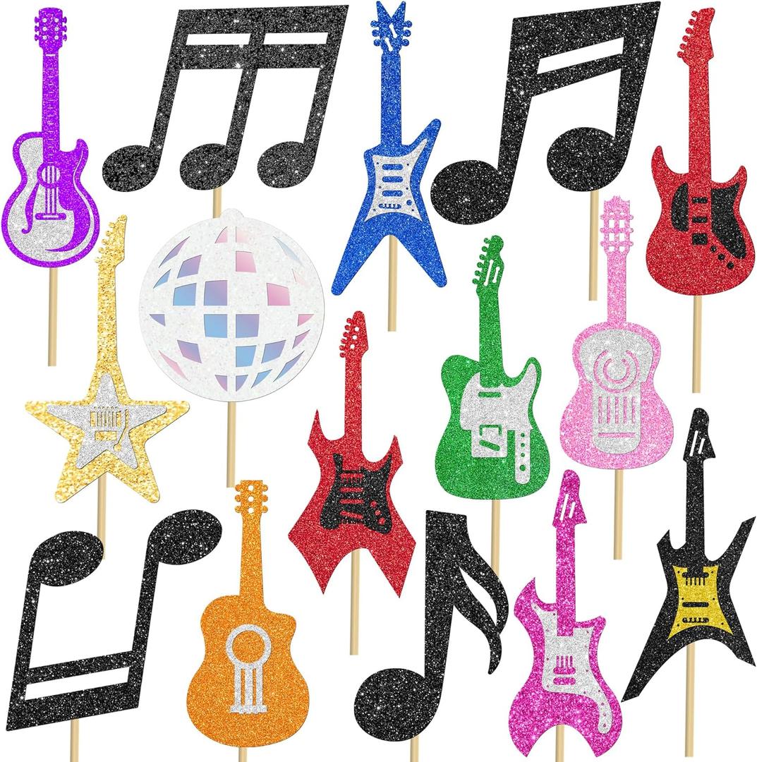 Guitar Centerpiece Sticks 18PCS Music Guitar Party Decorations Glitter Guitar Birithday Party Table Toppers Musical Note Instrument Centerpieces for Music Theme Baby Shower Party Supplies