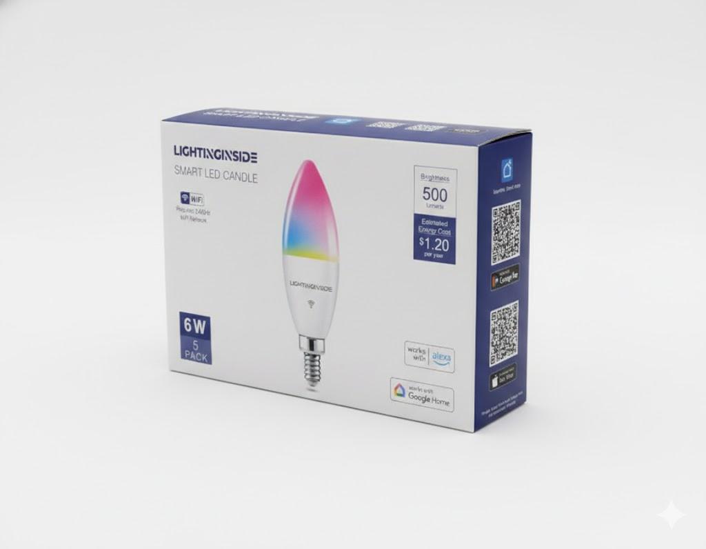 Lightinginside E12 Smart Light Bulbs 60W Equiv., Work with Alexa/Google Home/Smart Life, 500LM 6W RGBCW Candle Candelabra LED Light Bulbs, No Hub Required, 2.4G WiFi Bluetooth Bulb, ETL Listed, 5PCS