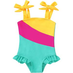 YOUNGER TREE Toddler Swimsuit Girl Color Block Stripe One-Piece Swimwear Baby Girl Bathing Suits (3-4T, Yellow-green)