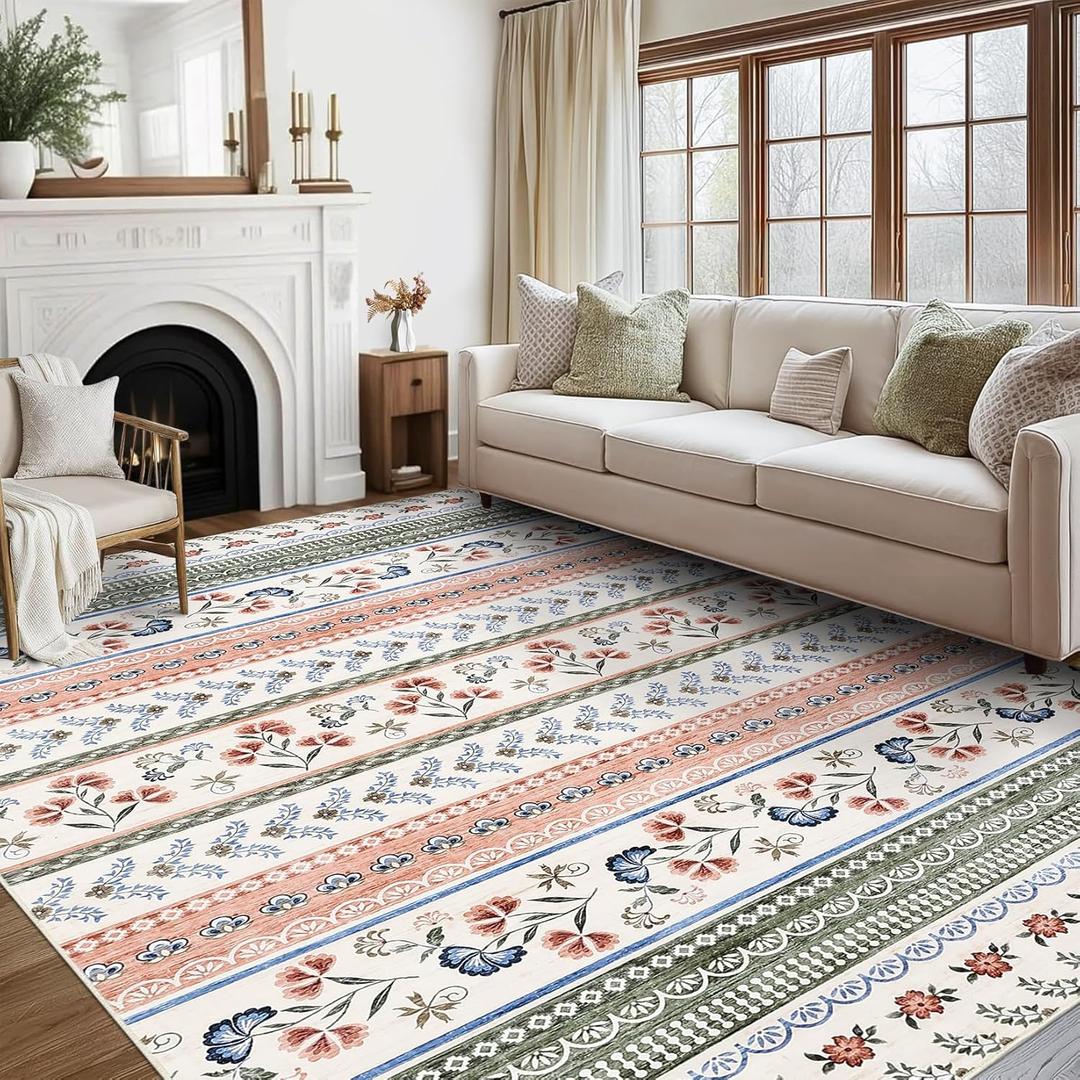 GlowSol Large Washable Area Rug 9 x 12 Washable Floral Print Living Room Rug with Non-Slip Backing, Bohemian Low Pile Floor Cover, Stain-Resistant Geometric Indoor Mat for Bedroom, Office, Pink