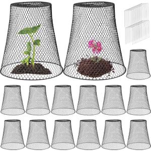 Therwen 15 Pcs Large Plant Wire Cloche 11 x 12 Inch Metal Garden Cloche with Garden Stakes Plant Protector from Animals for Keeping Bunnies Chicken Squirrels Birds (Black)