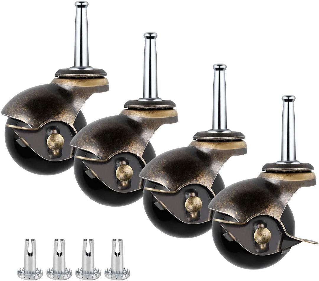 Enenes 4Pack 2" Heavy Duty Ball Caster Wheels with Antique Brass Finish Swivel Stem Casters Replacement Set for Furniture, Carts, Toolbox Includes 4 Stem Sockets