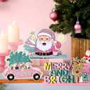 6 Pcs Pink Christmas Table Decorations Wooden Table Centerpieces Christmas Tree Santa Claus Hohoho Joy to The World Reindeer Xmas Tabletop Signs for Xmas Holiday Party Room Home Desk Supplies