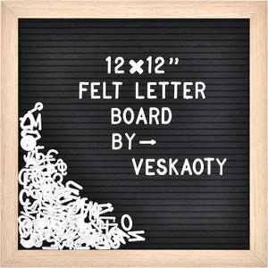 Felt Letter Board with 460 Letters, Numbers & Symbols - 12 x 12 inch Changeable Message Board with Wooden Frame Wall Mount Hook (Black)