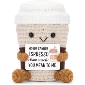 Funny Positive Coffee, Emotional Crochet Doll, Cute Crochet Potato Partner Toy with Positive Card Cheer Up Funny Gag Gifts for Best Friend Birthday Women Teacher FallCoffee