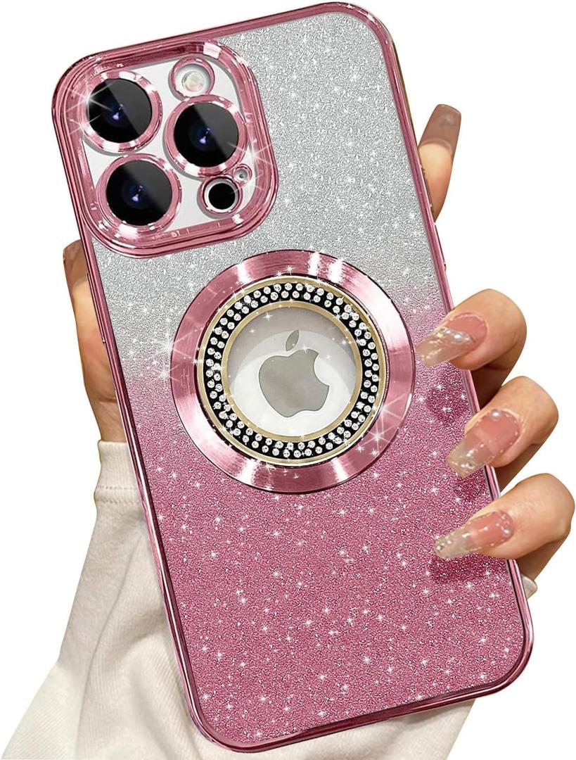 Misscase for iPhone 16 Pro Max Magnetic Glitter Case Compatible with MagSafe,Full Protection Slim Shockproof Anti-Scratch Case with Camera Lens Protector Logo View Dust-Proof Net for Women Pink