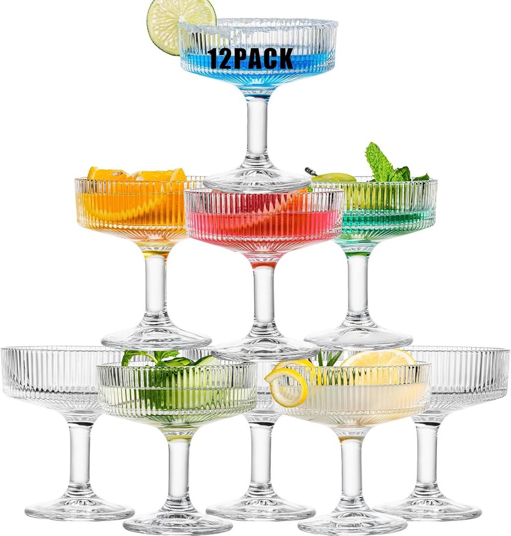 12 Pcs Martini Glasses, 6.7oz Crystal Champagne Tower, Art Deco Ribbed Coupe Glasses, Stem Cocktail Glassware Set, Margarita Cups, Heavy Base Bar Glassware for Martini, Gimlet, Manhattan