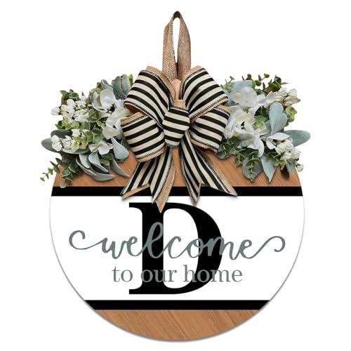 Last Name Round Front Door Wreath Decor for All Seasons, 26 Initial Letter Wreaths for Front Door Porch Welcome Garland and Eucalyptus Hanging Gift for Farmhouse Welcome Sign (D)