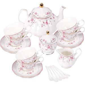 fanquare Vintage Porcelain Tea Set for Women Tea Party, Cup and Saucer Set for 6, Wedding Floral Teapot Set for Adults, Pink Rose