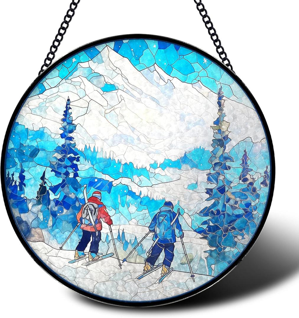 ERMCDFHC Stained Glass Window Hanging, Skiers in Winter Mountains Design Round Sun Catchers Glass Panel Suncatcher Decor for Home, 7.8Inch. (028)