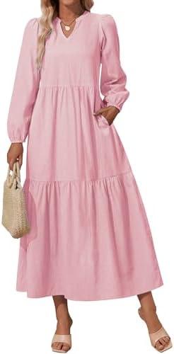 NENONA Women's 2025 Striped Long Sleeve Spring Maxi Dress V Neck Casual Flowy Lightweight Beach Vacation Dresses with Pockets Size S