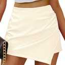 luvamia Shorts for Women Faux Leather Skorts High Waisted PU Leather Shorts Elastic Waist Ruched Wrap Skorts Skirts (White, L)