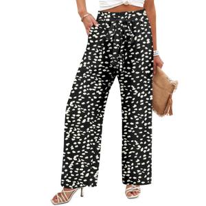 Angerella Womens Wide Leg Pants High Elastic Waist Adjustable Knot Casual Flowy Trousers Business Work Pants with Pockets (Small, #1 B-Blackdot)