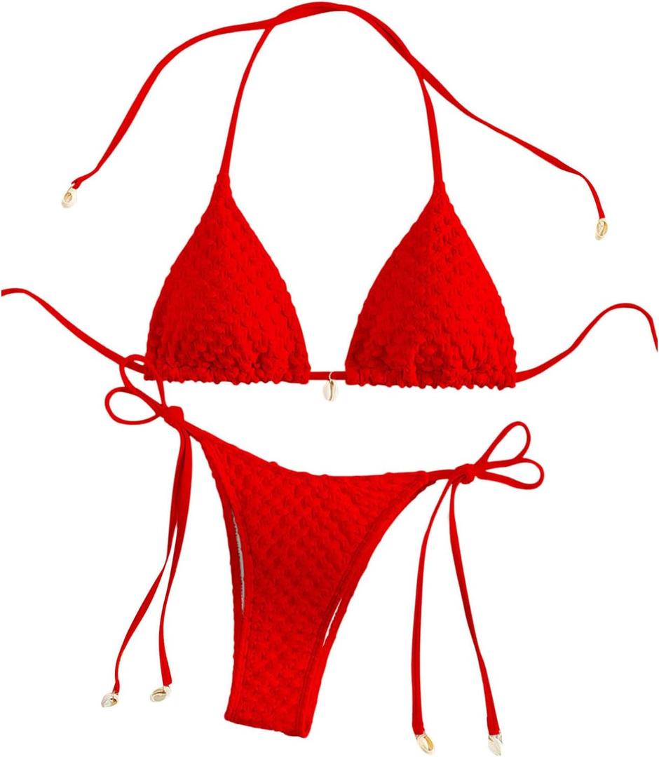 SHENHE Women's 2 Piece Halter Swimsuit Textured Tie Side Triangle Bikini Bathing Suit Shell Decor Red, Small