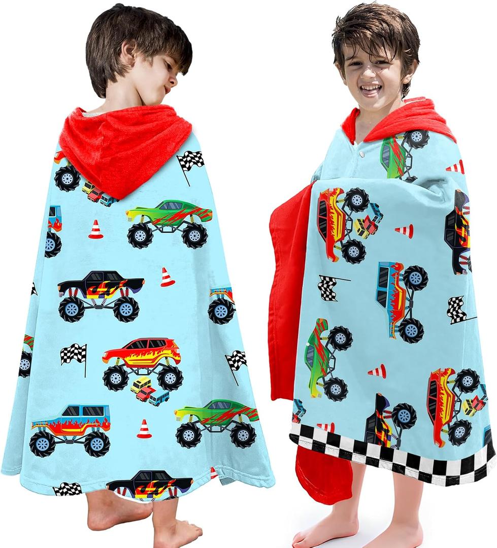 Hooded Towels for Kids -Monster Toddler Beach Towel- Super Absorbent & Quick Dry 100% Cotton 30x50 Inch - to Kid Ages 3-10-Truck Cars Swim Towels
