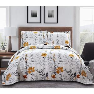 Bedspread Coverlet Set King Size Floral Quilts Set Bedding Lightweight Floral Quilt Collection Home Reversible Quilt Bedspread Sping Leaves Yellow Flower Quilt Bedding Garden Bedspread+2 Pillow Shams | Reversible, Lightweight, Quilts Set, Garden Design, +2 Pillow Shams