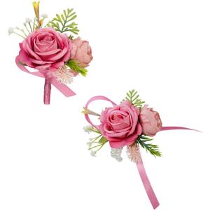 Pink Corsage and Boutonniere Set, Corsage Wristlet Band for Proms, Boutonniere for Men with Artificial Silk Flowers for Brides, Groom, Groomsmen, Bridesmaids – Perfect for Rustic Vintage Weddings, Proms, and Formal Events, Prom accessories, Set of 2