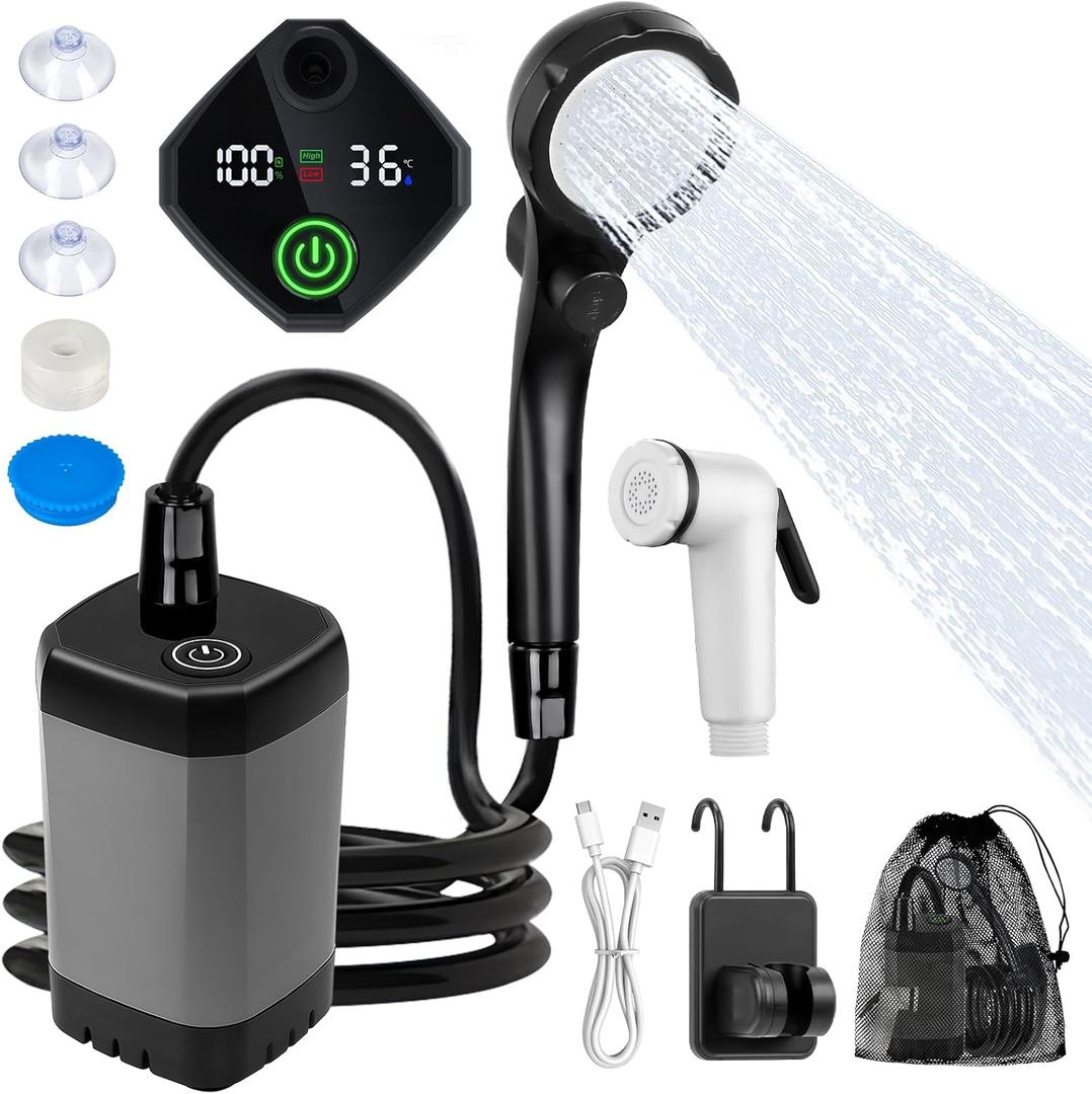 Fohil Portable Shower for Camping, 6000mAh Rechargeable Portable Outdoor Shower with Digital Display, IPX7 Waterproof Outdoor Camp Pump for Camping, Beach, Hiking, Travelling, Pet Cleaning