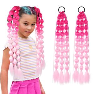 Colored Hair Extensions, Behufun 2Pcs 20" Lightweight Colored Hair Extensions for Kids Bubble Ponytail Extension with Hair Tie, Ombre Crazy Hair Day Accessories for Girls Festival Rave B40 (Dark Pink to Light Pink)